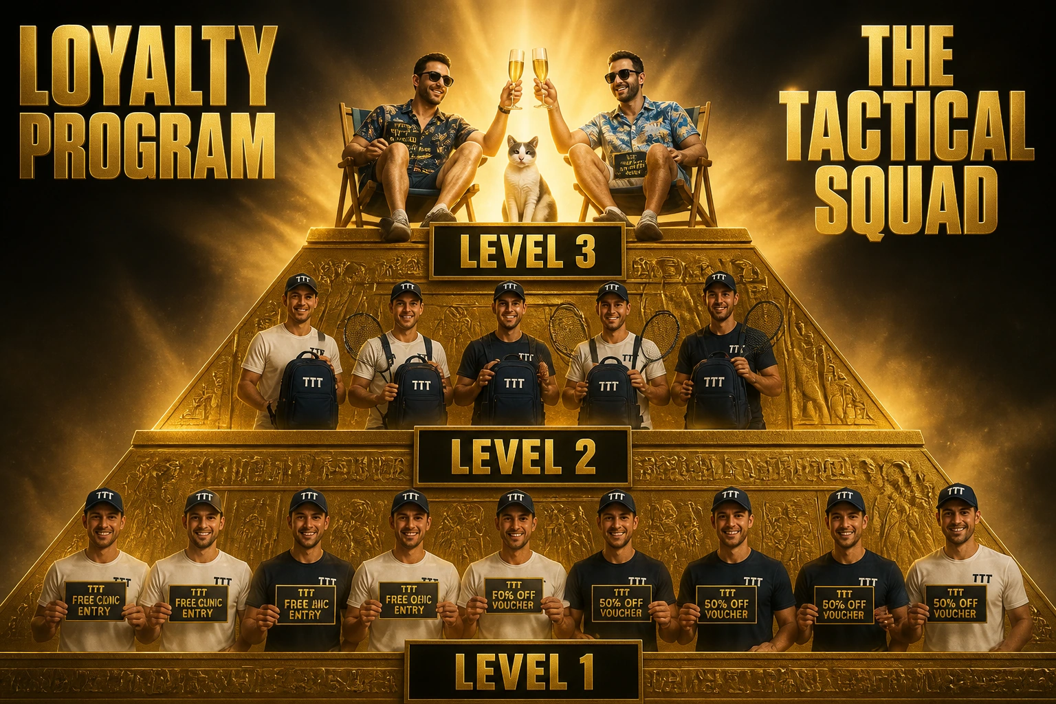 LOYALTY PROGRAM and THE TACTICAL SQUAD overlay text framing a three-tier golden pyramid showing Level 1 members in white shirts holding free clinic and 10 percent and 50 percent off voucher cards at the base