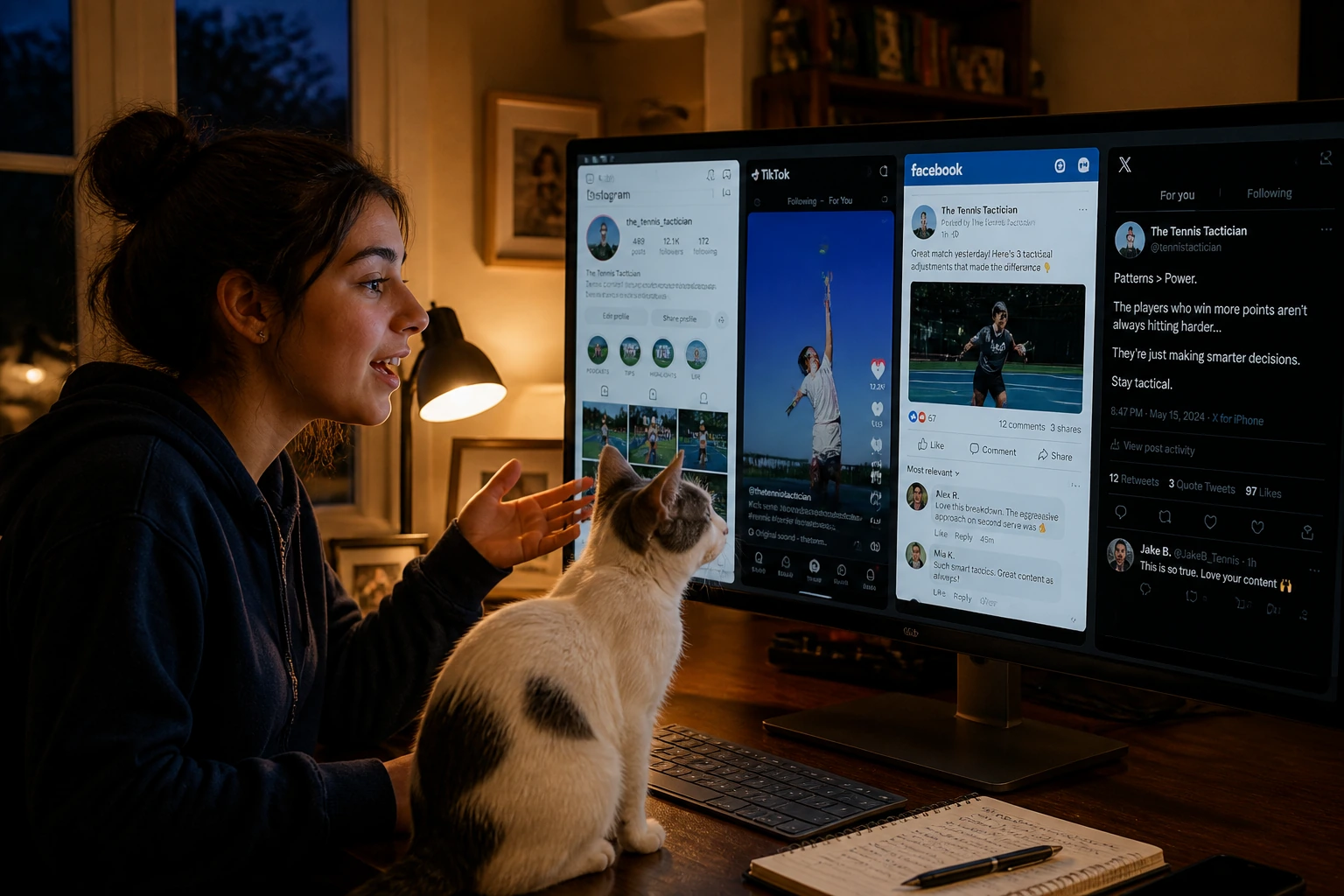 Young woman at a dimly lit desk in front of three computer monitors showing TTT social media feeds on Instagram TikTok and X