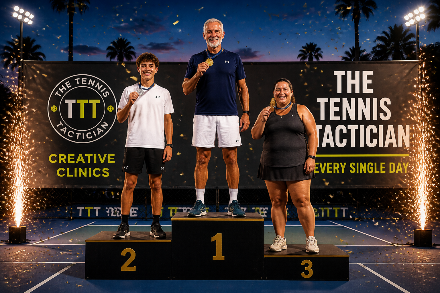 Vast outdoor tennis court covered in a concentric mandala of colored cones hula hoops hurdles tennis balls and a prize wheel arranged around a center umpire chair where a coach holds a bucket of balls
