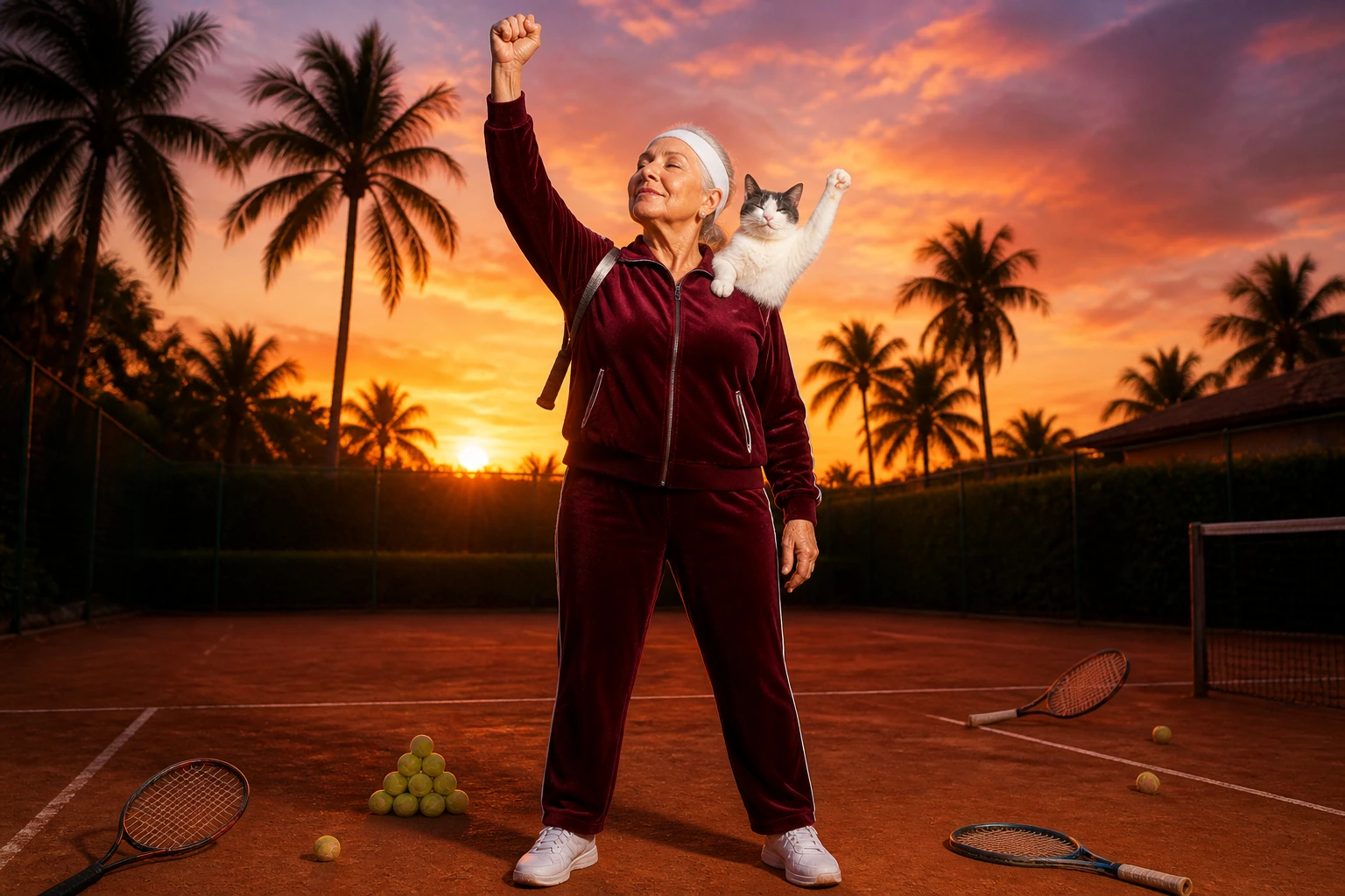 Older woman in a burgundy velour tracksuit standing on a clay tennis court at sunset with arms raised in a Rocky-style victory pose, Frosty the cat perched on her shoulder, palm trees and an orange-pink sky behind, racquets and tennis balls on the ground, themed cardio tennis clinics Fort Lauderdale