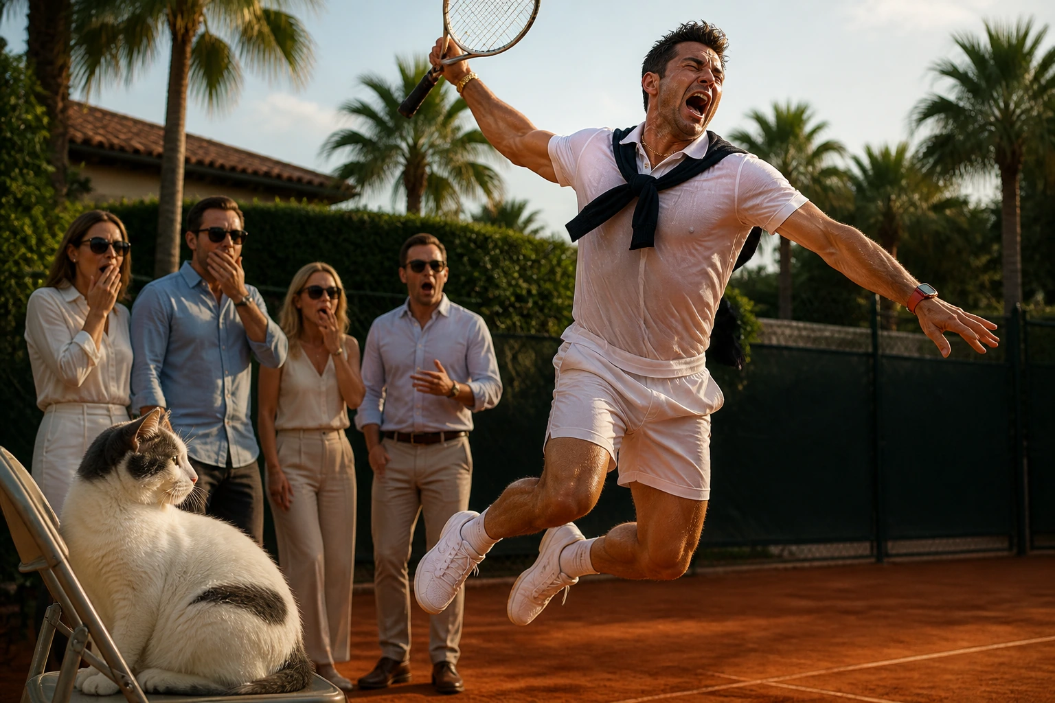 themed cardio tennis clinics fort lauderdale- a man jumping high on a tennis court