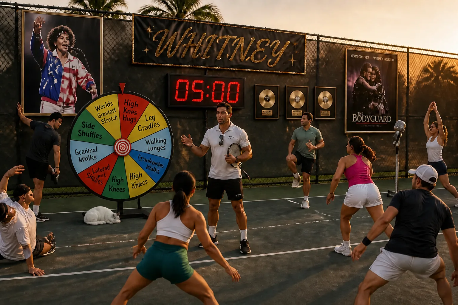 Whitney Houston themed cardio tennis clinic in Fort Lauderdale with gold banner, activity spinning wheel, gold records and Frosty on the court