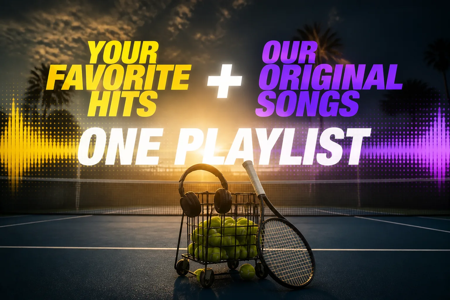 Your Favorite Hits plus Our Original Songs equals One Playlist — the custom music promise of themed cardio tennis clinics in Fort Lauderdale