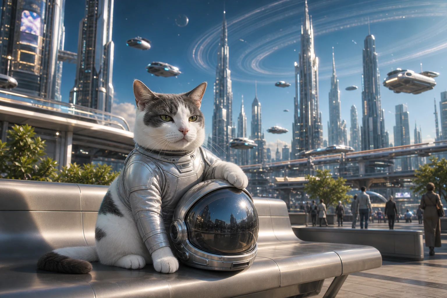 Frosty the cat seated on a futuristic bench wearing a silver space suit