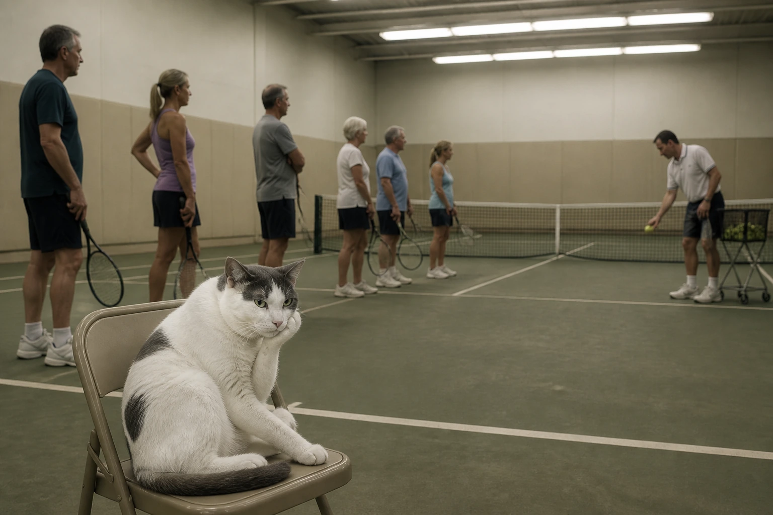 Frosty the cat lounging on a chair during a themed cardio tennis Fort Lauderdale clinic with players lined up in background