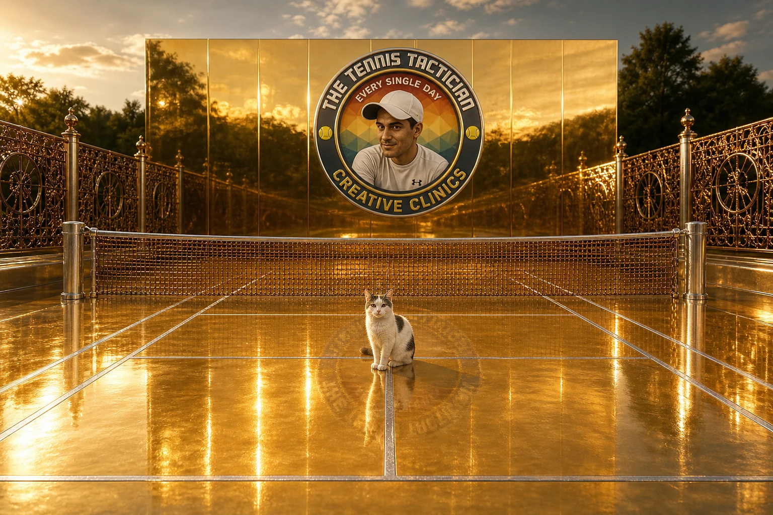 Symmetrical golden tennis court with reflective mirror surface at sunset