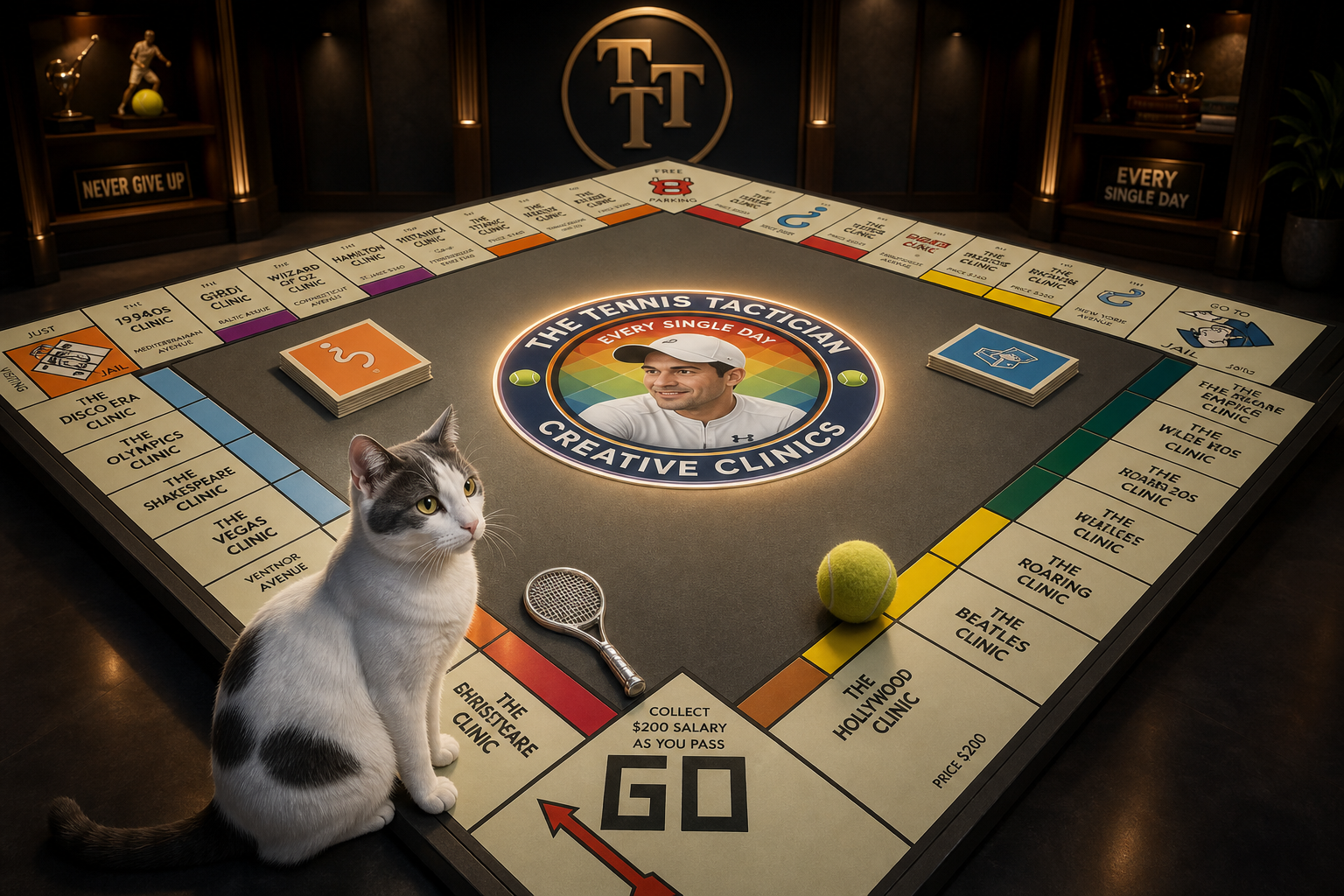 Custom TTT Creative Clinics Monopoly-style game board featuring tennis racquet