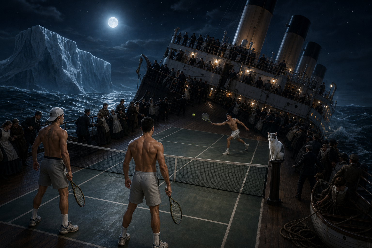 Titanic-inspired moonlit doubles match on the deck of a sinking ocean liner