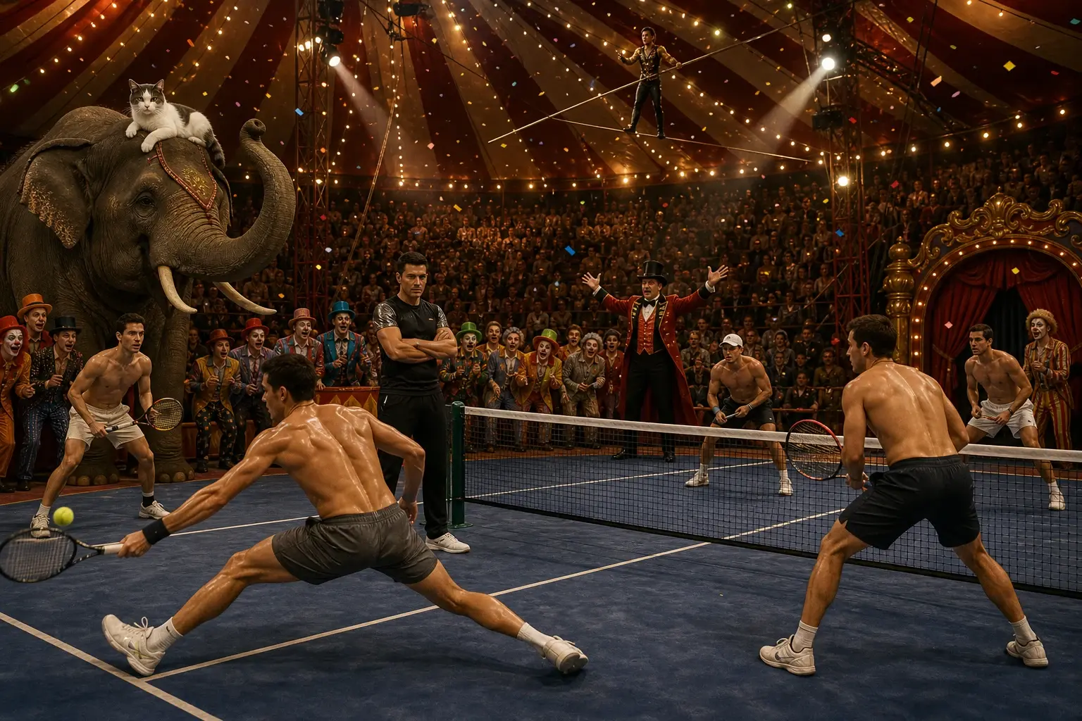 Circus big-top doubles match with shirtless players rallying under tent lights