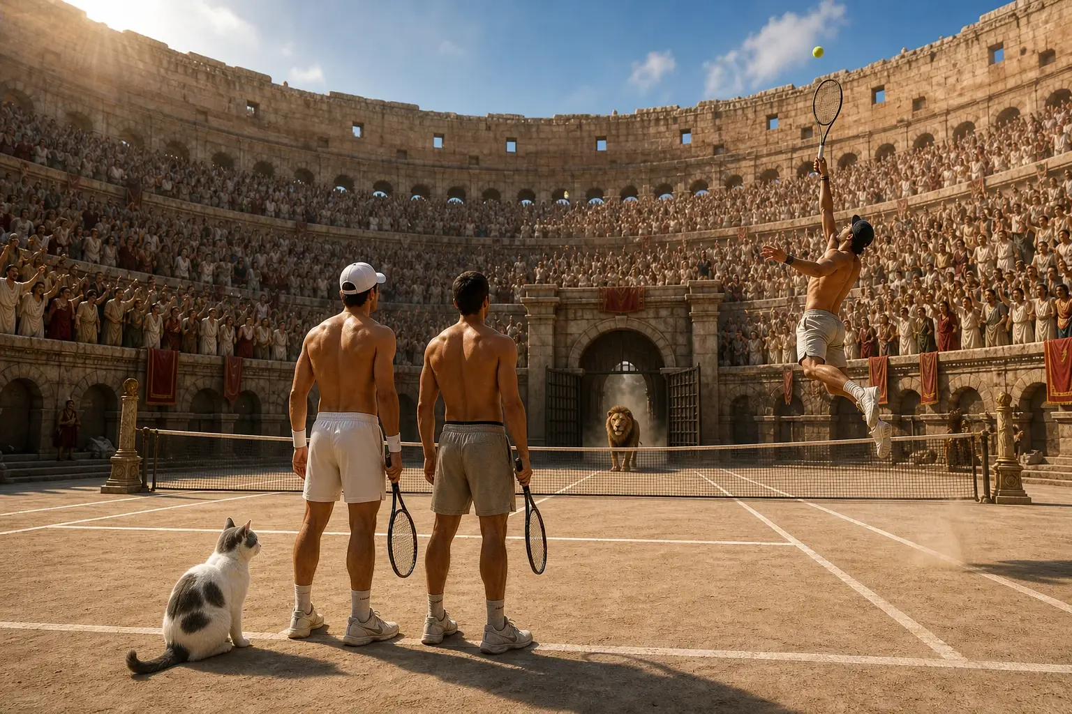 Roman Colosseum tennis match in golden afternoon light