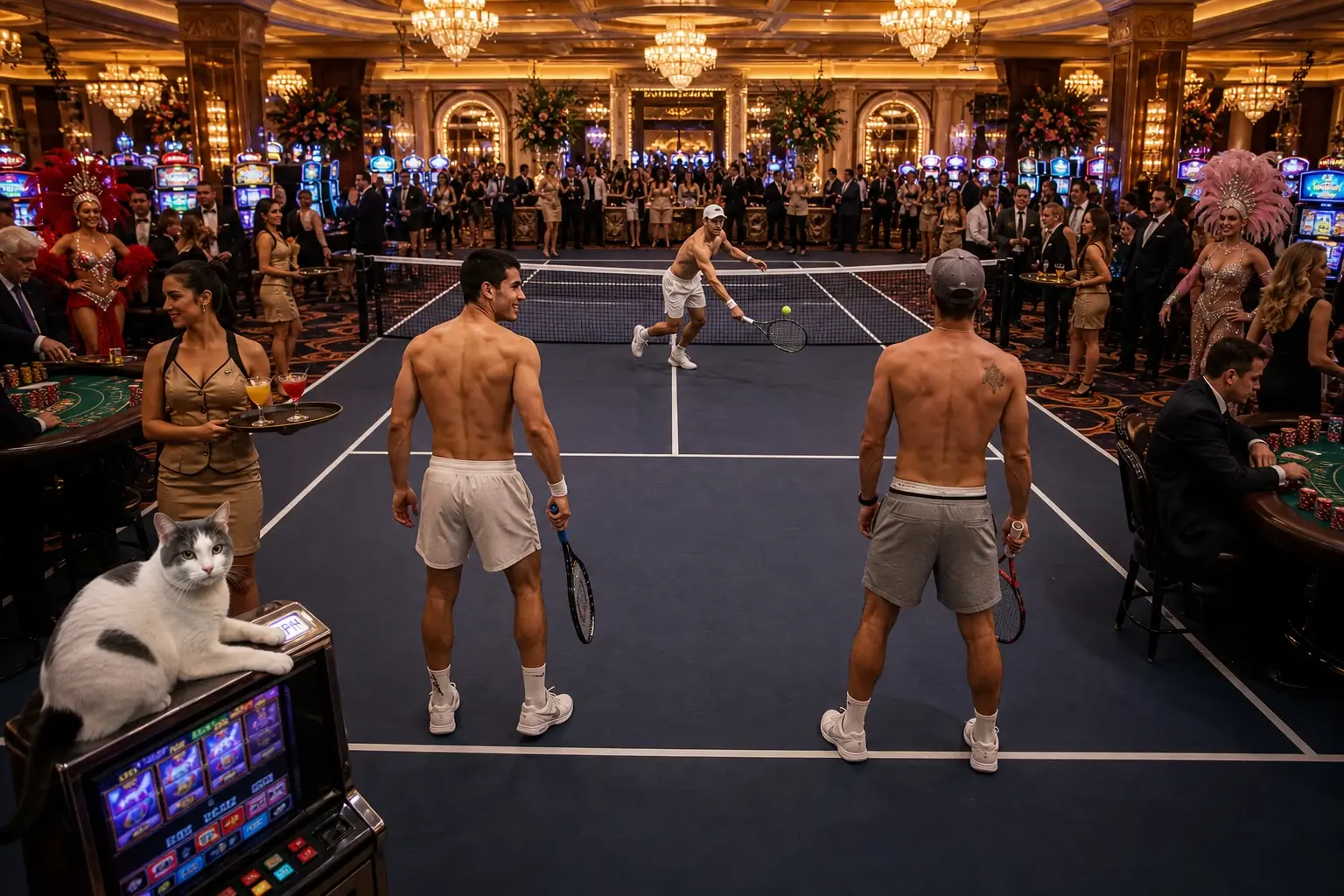 Vegas casino tennis match on a court built across a Monte Carlo casino floor