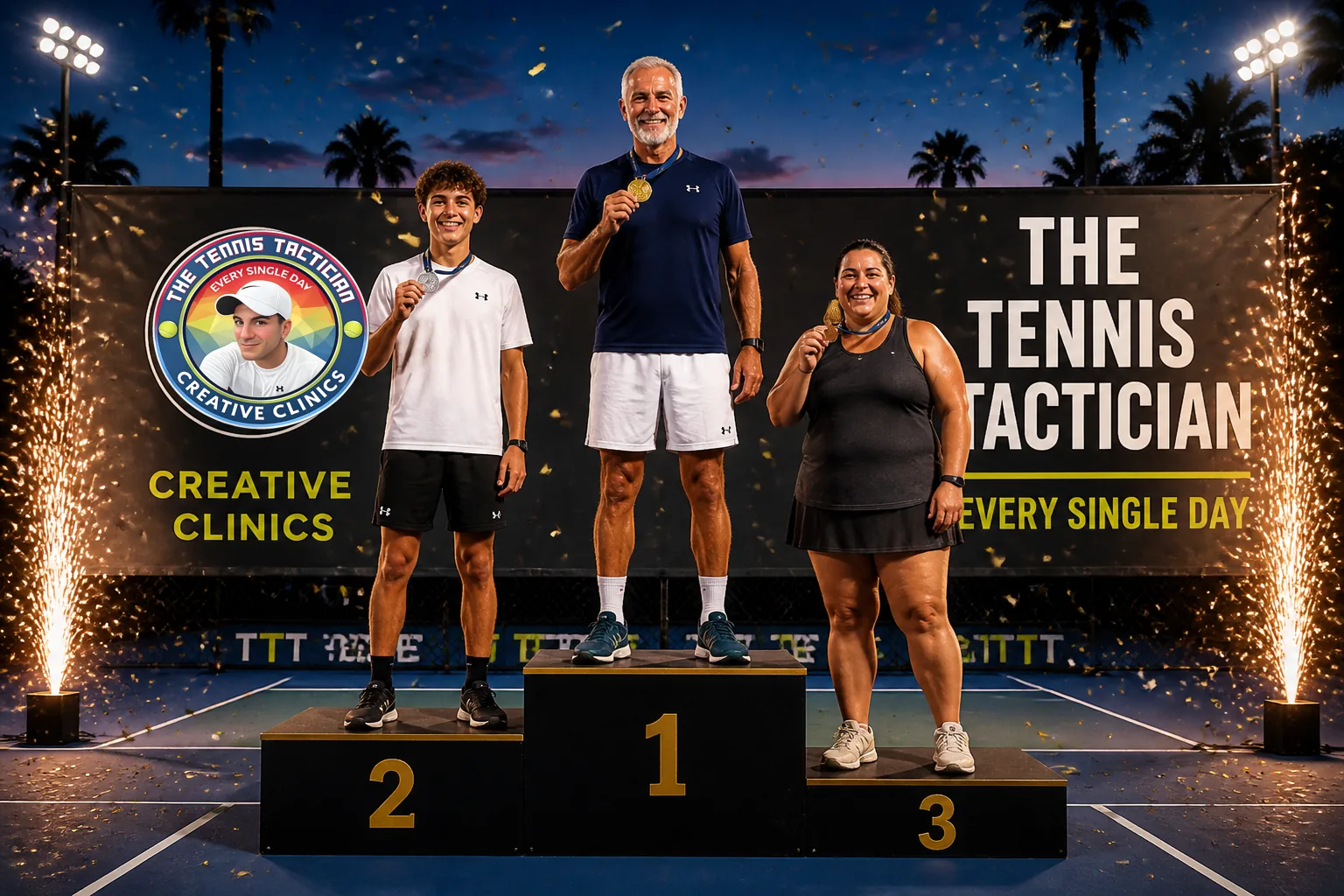 Three medal winners on a night-court podium with sparklers and confetti after a themed cardio tennis clinic in Fort Lauderdale