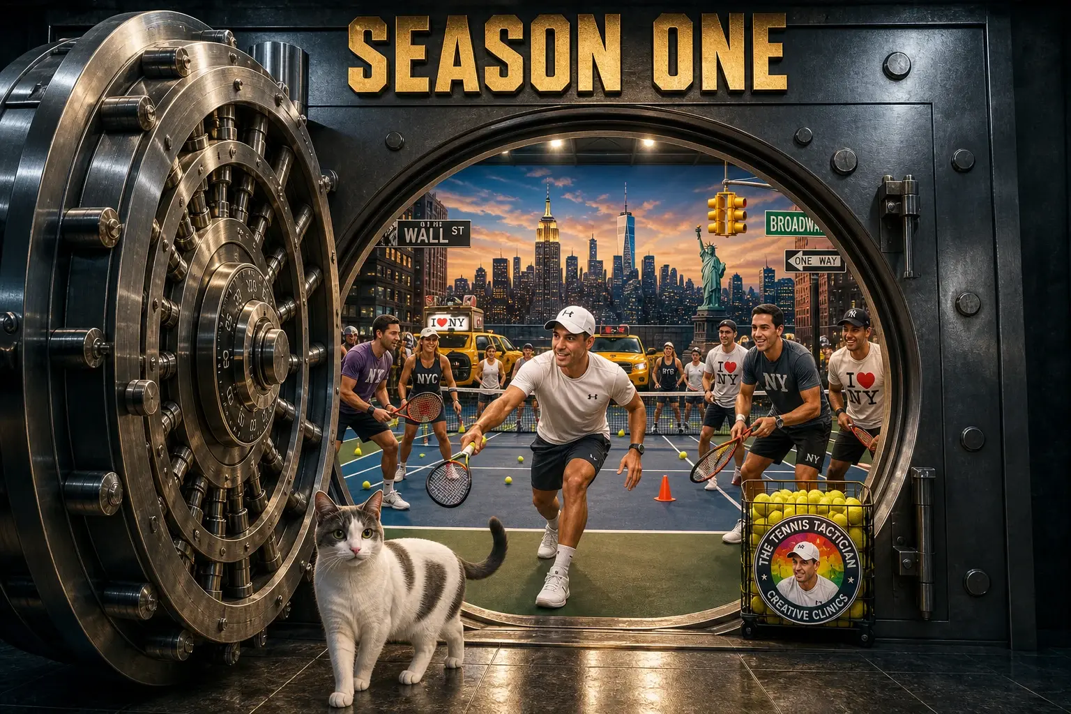Massive bank vault door labeled SEASON ONE opening to reveal a tennis match on a court inside the vault