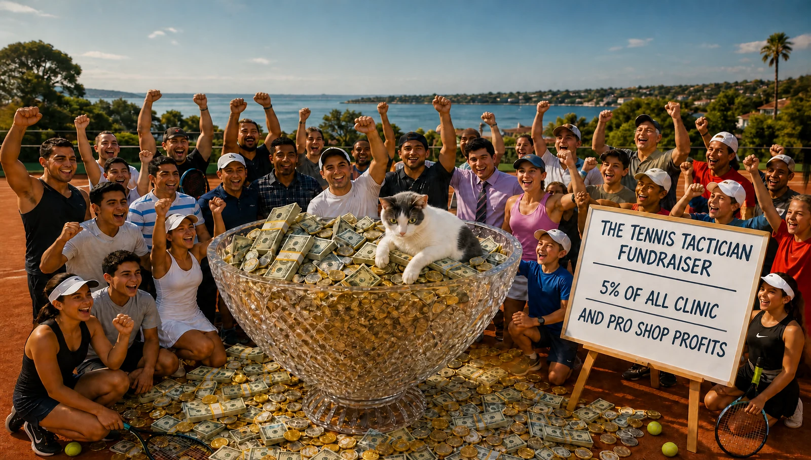 Players cheering around a glass bowl of cash and gold coins 