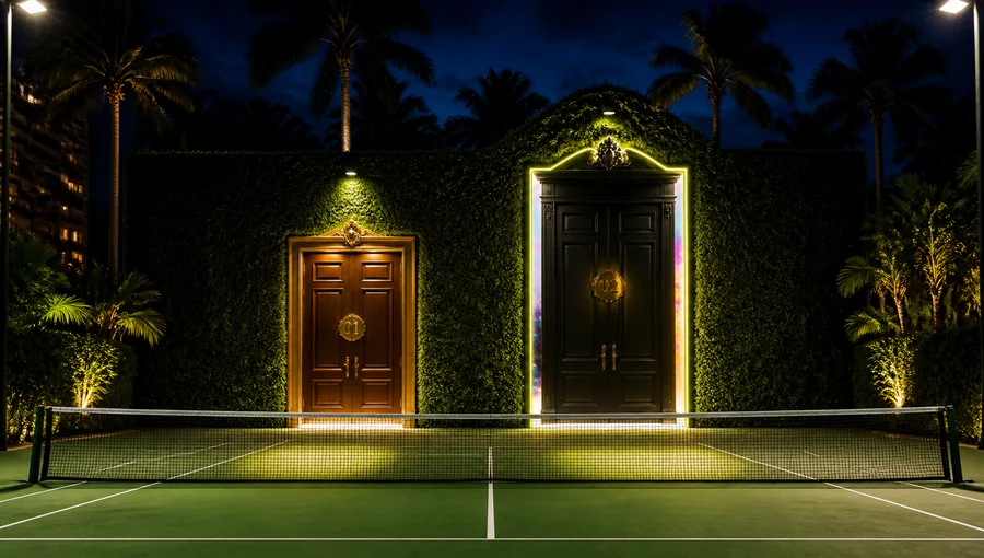 Two grand doors set into a hedge wall at the end of a floodlit tennis court at
                  night. The left door is polished wood marked 01. The right is taller, matte
                  black, framed in glowing yellow neon and marked 02, with colour spilling from
                  around its edges.